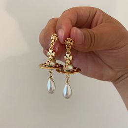 Luxury Viviannes Westwoods Earring Empress Dowager 3d Saturn Water Drop Artificial Pearl Earrings Ufo Punk Earrings Female