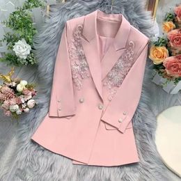 Women's Suits Summer 3D Carved Flowers Embroidery Sequined Blazers Coat Beaded Suit Jacket Half Sleeve Turn Down Collar OL Cardigan Slim