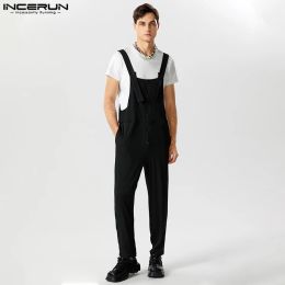 Overalls INCERUN 2023 American Style Handsome Men Fashion Pleated Striped Jumpsuits Casual Streetwear Male Solid Sleeveless Rompers S5XL