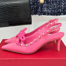 genuine leather women high heel sandals runway designer sexy style rivet and bow-knot decor summer new arrive slingback high heel shoes female