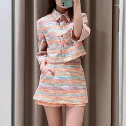 Work Dresses Summer 2024 Women Colorful Stripes Tweed Set Turn-down Collar Half Sleeve Single Breasted Coat Or Shorts Skirt For Female