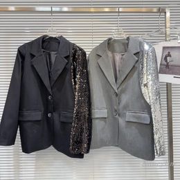 Women's Suits 2024 Spring Sequin Stitching Grey Blazer For Women Girl Padded Shoulder Business Suit Tailored Jacket Black Coat