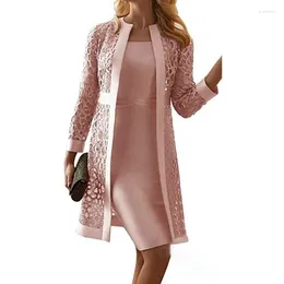 Work Dresses 2024 Elegant Slim Women Spring Summer Fashion Lace Hollow Solid Knee Length 2 Pieces Set Capes Poncho Cardigans