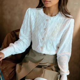 Women's Blouses Fashion Autumn Long Sleeve Lace Blouse Women Apricot O Neck Simple Pearl Button Up Shirts Office Lady Tops Clothes Female