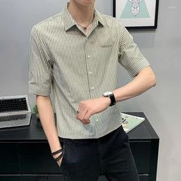 Men's Casual Shirts Clothes Striped Shirt And Blouse Green Male Top Half Sleeve Korean Style Summer Designer With Collar Sleeves I Xxl