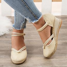 Sandals Women Shoes Platform Wedge Fashion Versatile Braided Buckle Breathable Woven Straw