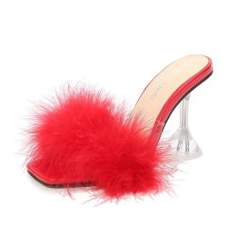 Boots MAIERNISI Summer Woman Pumps PVC Transparent Feather Perspex Crystal High Heels Fur Peep Toe Mules Slippers Ladies Slides Shoes