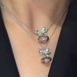 vivianes designer viviennes westwood necklace Xis Stunning Bow Medium Orb Pink Ball Three-dimensional Saturn Full Diamond Collarbone Chain Necklace