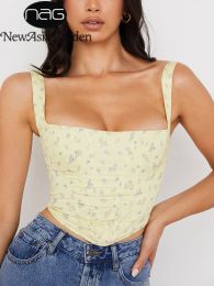 Tops NewAsia Floral Corset Top Print Patchwork Zipper Boning 2 Layer Slim Fit Crop Tank Top Chic Yellow Cami Top y2k Tops Women 2021