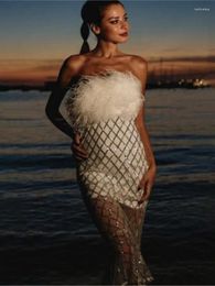 Stage Wear Silver Sequin White Feather Bra With Buttocks And Transparent Dress For Birthday Party Dinner