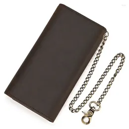 Wallets Vintage Genuine Leather Wallet Men Natrual Cowskin Long Purse Cash Dollar Button Clip Hand With Chains