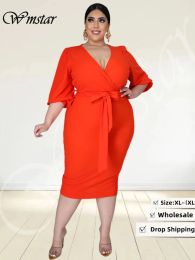 Dresses Wmstar Plus Size Dresses for Women Party Elegant Fall Clothes Solid V Neck with Sashes Midi Dress New Wholesale Dropshipping