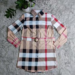 Dress 2024 New Designer Casual Fashion Checkered Shirt with Belt Skirt Long sleeved Dress Asian Size S-2XL