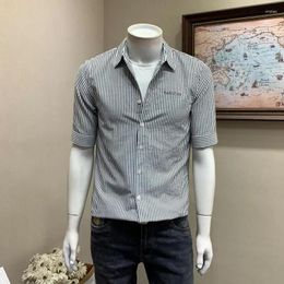 Men's Casual Shirts Man Tops Striped Clothing Black Half Sleeve And Blouses For Men Business Embroidery Elegant Xxl Summer Button Designer S