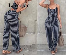 Elegant Striped Sexy Spaghetti Strap Rompers Womens Sets Sleeveless Backless Bow Casual Wide legs Jumpsuits Leotard Overal 240326