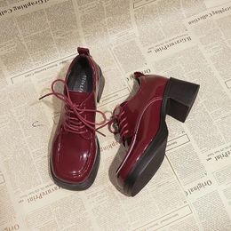 Dress Shoes Wine Red Thick Bottom Pu Leather Round Chunky Heel Mary Jane Casual Lace Up Pumps Spring And Autumn Loafers Tacones