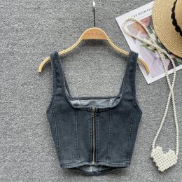 Tops Women Summer Imitation Denim Camis Wide Shoulder Strap Zipper Tank Top Square Collar Corset Korean Fashion Solid Color Crop Tops