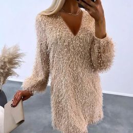 Casual Dresses Temperament Arrivals Design Spring Autumn Women's Clothing Solid Color V-neck Furry Tassel Long Sleeve Dress