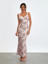 Casual Dresses Pink Floral Dress Women Slip Sleeveless V-neck Backless Patchwork Summer Long For Cocktail Party