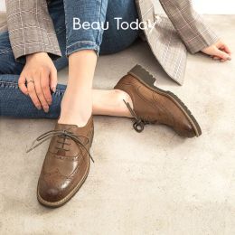 Boots Beautoday Oxfords Women Sheepskin Genuine Leather Retro Wingtip Round Toe Laceup Ladies Brogue Waxing Flat Shoes Handmade 21822