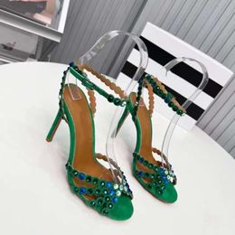 2024 Spring/summer New Fairy Fashionable One Line Buckle High Heel Shoes with Thin Heels Roman Water Diamond Fish Mouth Sandals