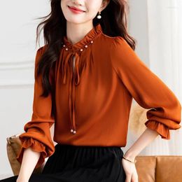 Women's Blouses Elegant Fashion Beaded Satin Tops 2024 Spring Long Sleeve Women Blouse Lace Up Wooden Ear Collar OL Shirt Blusa