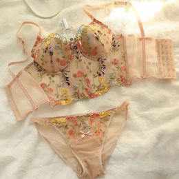 Lace Embroidery Lingerie Sexy Bra and Panty Set Floral Women Underwear Female Thin Cotton Cup Push Up Suit 240307