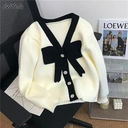 Korean Sweet V Neck Bow Tie Cardigan Knitted Sweater Fashion Singlebreasted Long Sleeves Women Simple Preppy Style Tops 240304