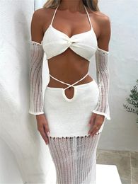 wsevypo Summer Knitted Beach Suits Women Backless Long Sleeve Offshoulder Halter Bra TopsHigh Waist Wrapped Skirts Sets 240315