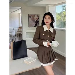 Work Dresses Temperament Fashion Polo Neck Coat Pleated Skirt Two Piece Set Women Korean Single Breasted Slim Contrast Color French Lady