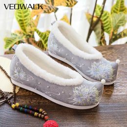 Boots Veowalk Winter Women Warm Faux Fur Lined Flat Shoes Chinese Embroidery Ladies Light Soft Comfortable Platform Booties Grey White