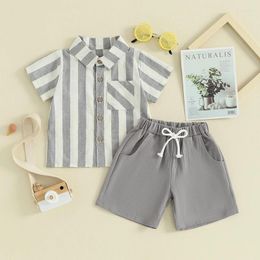 Clothing Sets Baby Boy Summer Clothes Striped Print Shirt Button Down Tops Solid Colour Shorts Toddler Gentleman Outfit Set