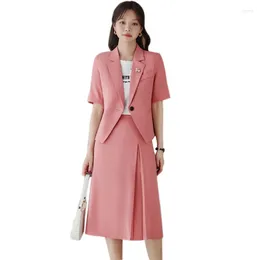 Two Piece Dress Pink Suits Women 2024 Summer Fashion Temperament Professional Blazer And Pleated Skirt Office Lady Work Wear Sets