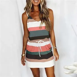 Casual Dresses Women Summer Striped Dress 2024 Adults Tie-up Color Block V-neck Spaghetti Strap With Drawstring Pockets S-2XL