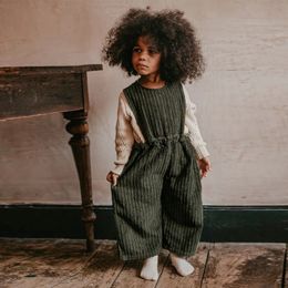 100% Vintage Style Cotton Childrens Corduroy Jumpsuit Winter Elastic Waist Loose Wide Leg Pants Kids Overalls TZ366 240305