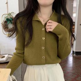 Women's Knits Women Spring Autumn Polo Collar Ot Button Slim Knitted Cardigan Solid Colour Simple Fashion Top Casual Loose Long Sleeve
