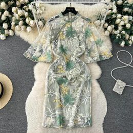 Party Dresses Banulin Vintage Floral Embroidery Midi Dress Women Clothes Stand Collar Flare Sleeve Elegant Evening Robes N6909