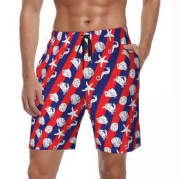 Men's Shorts Summer Gym Starfish Print Surfing Red Blue Stripe Pattern Board Short Pants Hawaii Fast Dry Swim Trunks Big Size