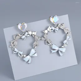Dangle Earrings Fashion Bowknot Pink Crystal Love Drop For Women Sweet Girl Luxury Full Zircon Heart Statement Wedding Jewellery