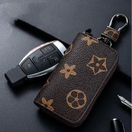 Leather Bag Keychains Car Keys Holder Key Rings Black Plaid Brown Flower Pouches Pendant Keyrings Charms for Men Women Gifts 4 colors