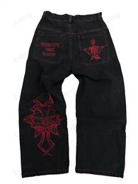 Hip Hop Y2K Jeans Mens Retro Skull Embroidery Washed Womens Denim Pants Straight Casual Loose Wide Leg Trouser Streetwear 240314