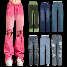 Women's Jeans Women Sexy Ripped Vintage Female Denim Trousers Hold Loose Wide Leg Pants Y2K High Street Multi Style