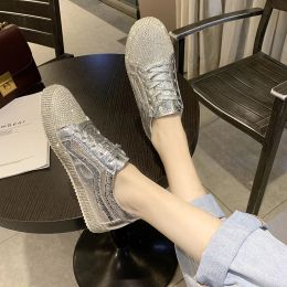 Boots New Loafers Women Platform Flats Faux Rhinestone Sneakers Laceup Silver Solid Creepers Mujer Casual Flat Shoes SAA66