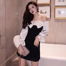 Casual Dresses Woman Dress Summer Autumn One-Word Off-the-Shoulder Bow Short Long Sleeve Colour Contrast Patchwork Vestido De Mujer