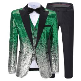 Suits Green Silver Men's suit Shiny Sequins Suit Slim Fit Gold Tuxedos Blazer+Vest+Pant For Party Wedding Banquet Prom Stage Costume