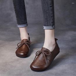 Casual Shoes Johnature Soft Genuine Leather Women Flats 2024 Retro Handmade Round Toe Soles Lace-up Comfortable