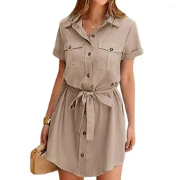 Casual Dresses Solid Color Shirt Dress Stylish Women's Button Down With Belted Pocket V Neck Collar Short Sleeves For Her