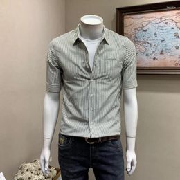 Men's Casual Shirts Shirt And Blouse Half Sleeve Clothes Black Male Top Embroidery Striped Asia Social High Quality With Sleeves Normal