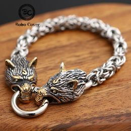 Never Fade Nordic Viking Wolf Charm Bracelet Men Stainless Steel Chain Wristband Gold Color Wolf Head Bangle Accessories Jewelry 240312