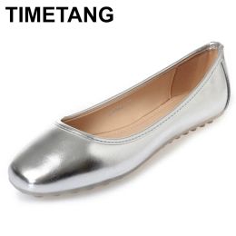Loafers TIMETANGFemale's Vintage Square Toe Slipon Spike Heel Flats Rome style Plus size AntiSkip Boat Shoes Grey Gold Silver Fashion